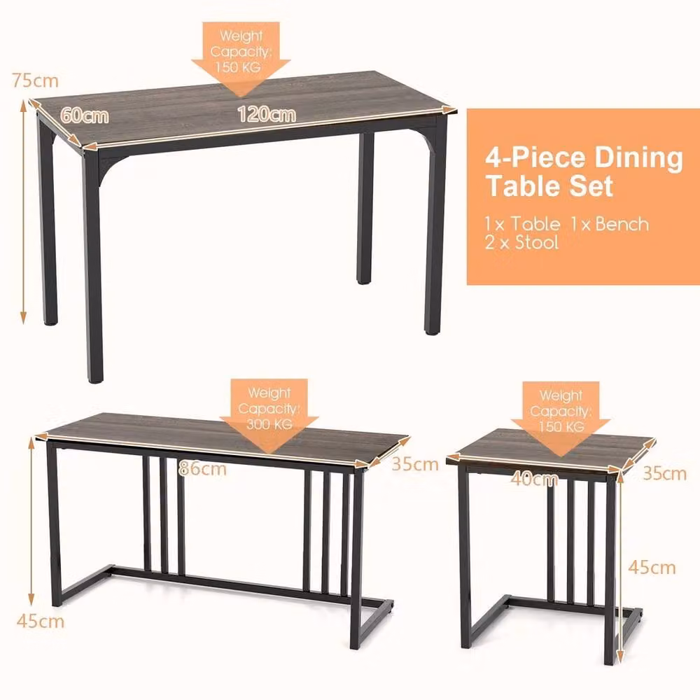 FORGEVIO Industrial Dining Set with Rectangular Wood Table, Bench and 2 Stools for 4 Persons in Grey and Black – 2