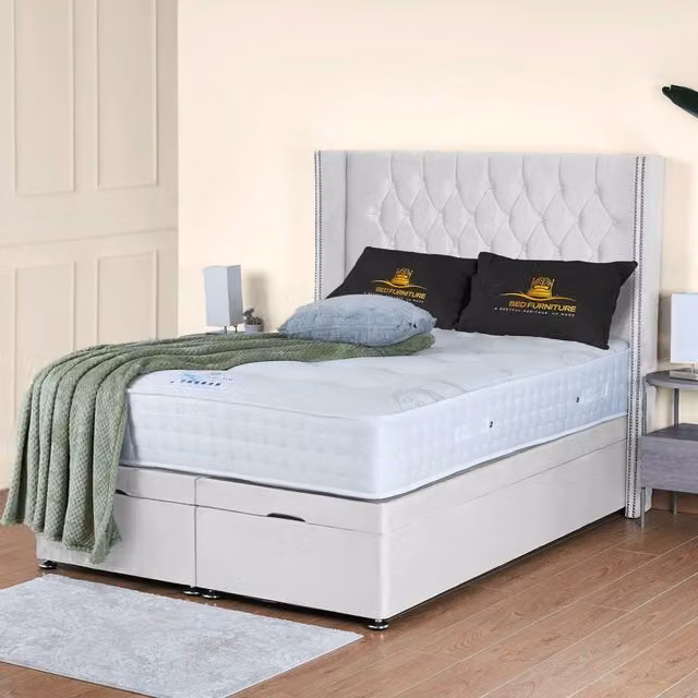 UK Bed Furniture Francesca End Lift Divan Ottoman Bed with 54 Inch Diamond Headboard in White, Size: Super King, W/D/H: 200 x 200 x 137.16 cm