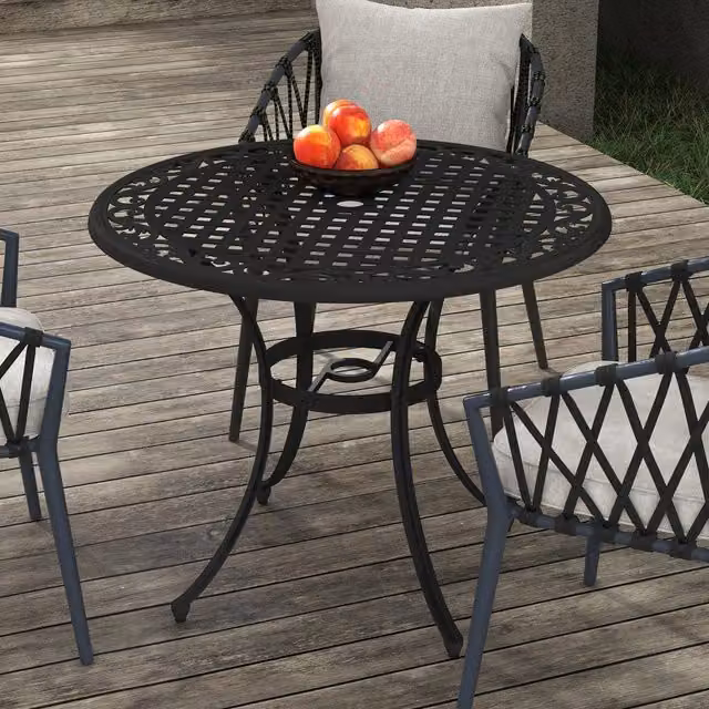 Outsunny Round Metal Garden Table with Parasol Hole in Black