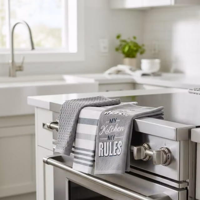 Kitchen Trends Highly Absorbent Striped Embroidered Tea Towel Set, My Kitchen My Rules, Grey and White, 3 Pack