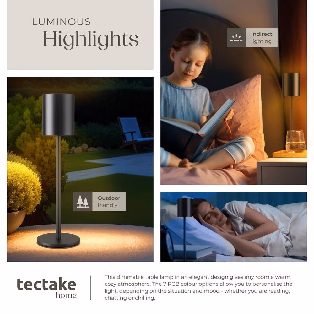 tectake Modern Rechargeable LED Table Lamp with Dimming Function and RGB Colour Options in Black Metal – 5