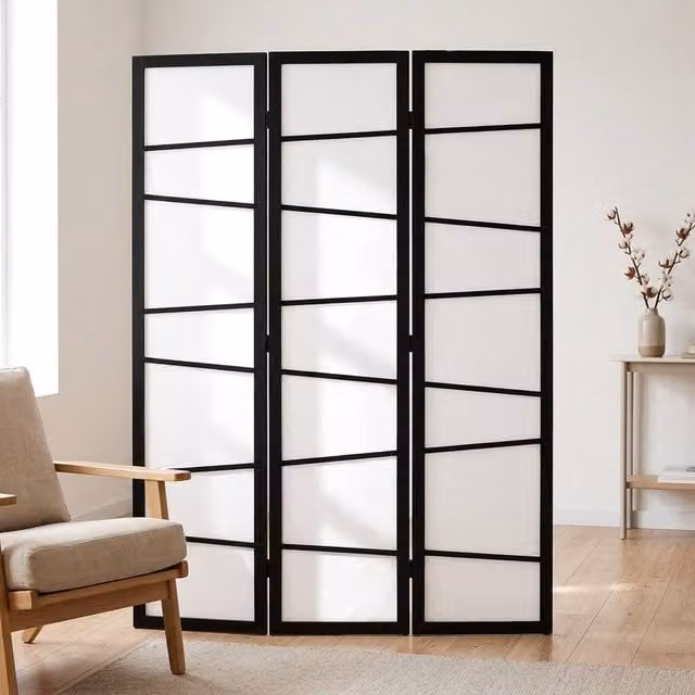 STILVORA 3 Panel Folding Privacy Screen in White Striped Wood
