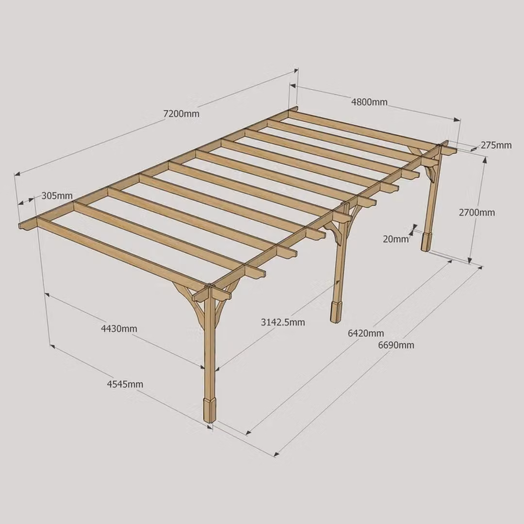 Rutland County Garden Furniture Ltd Wall Mounted Premium Lean-to Pergola with 3 Posts, W: 720 cm, D: 480 cm, H: 270 cm, Brown and Green – 4