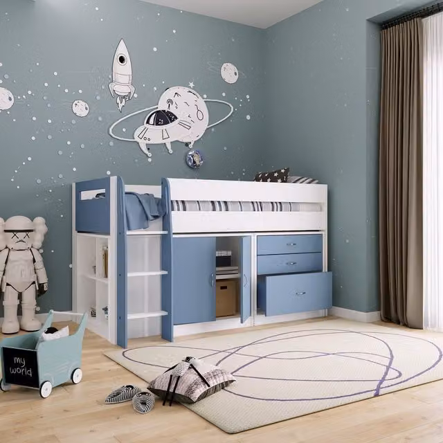 Anderson Kids Mid Sleeper Bed with Storage Drawers and Stairs in Blue