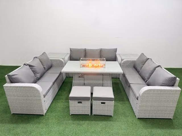 Fimous 11 Seater PE Rattan Outdoor Garden Furniture Set in Light Grey with Firepit Dining Table, 3 Seater Sofa, 2 Stools and 2 Side Tables