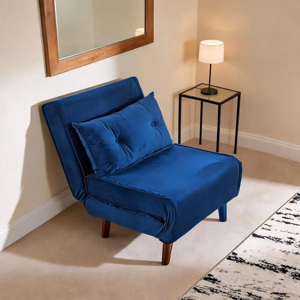 Home Source Blue Velvet Double Sofa Bed Folding Chair with Wooden Legs and Two Pillows – 2