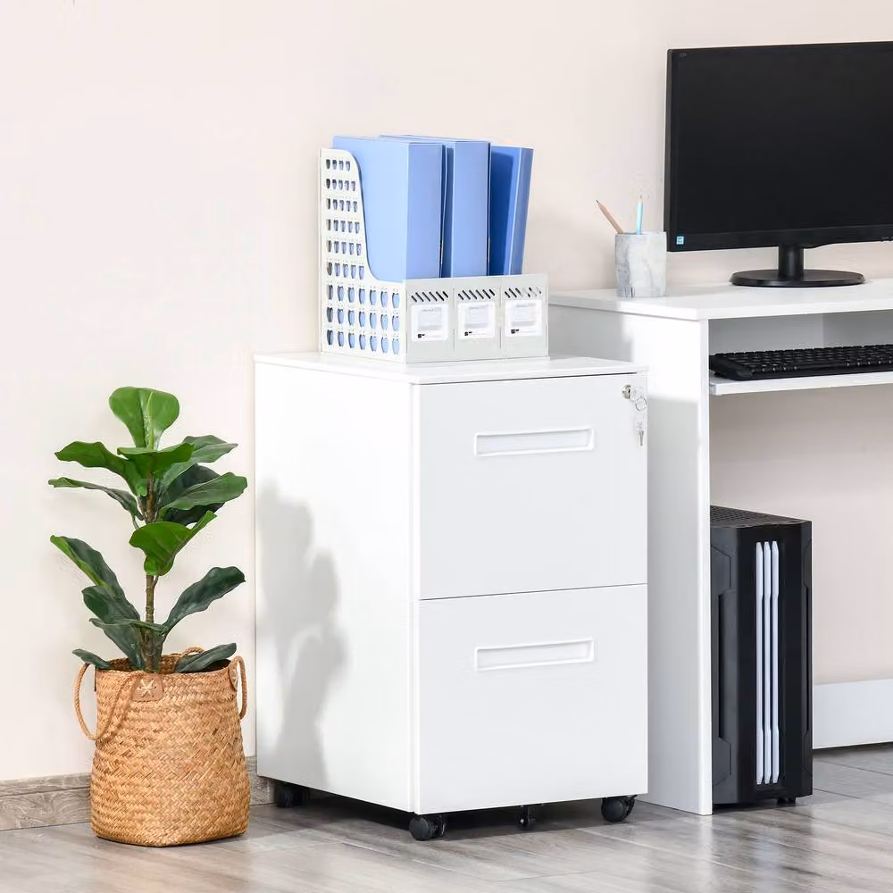 STILVORA Lockable 2-Drawer Metal Filing Cabinet with Castors in White – 2