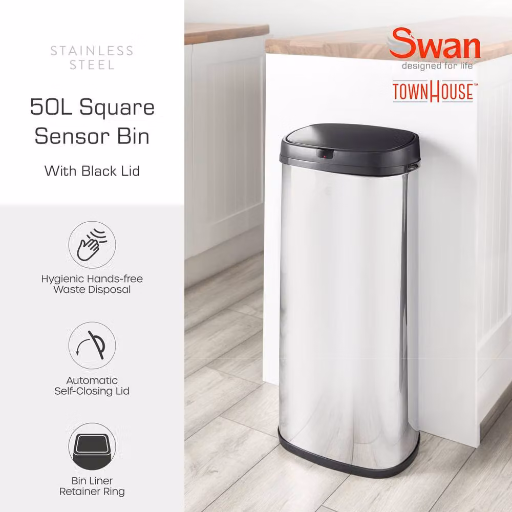 Swan 50L Square Sensor Bin in Black – 2