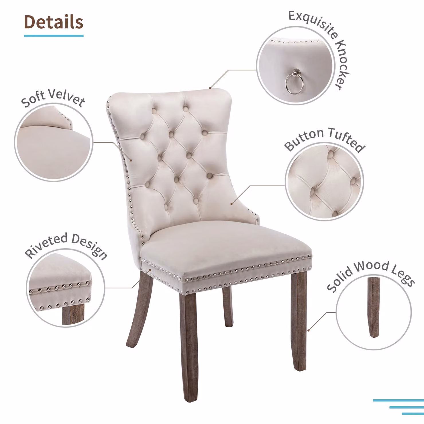 HomeTouch Taylor Set of 6 Beige Velvet Upholstered Kitchen Dining Chairs with Pull Knocker Back and Oak Wood Frame – 2