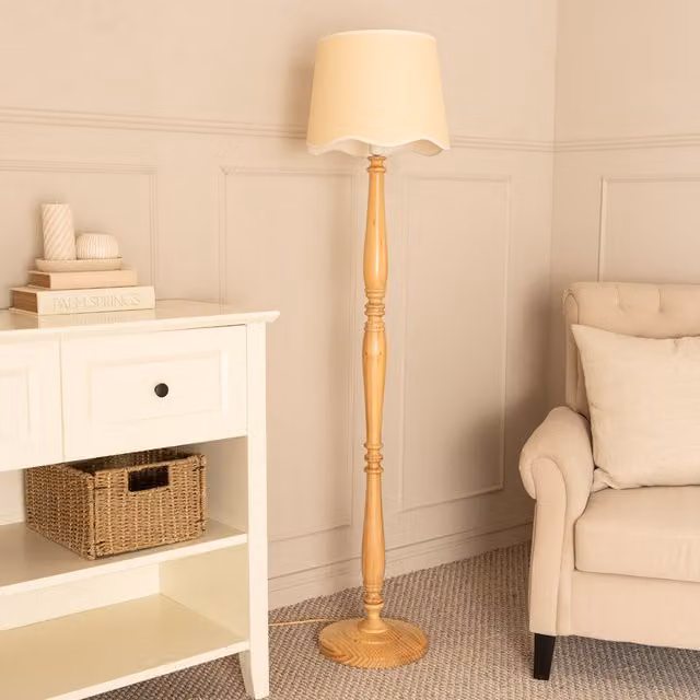 ValueLights Victoria Candlestick Floor Lamp with Scallop Trim Shade in White and Wood