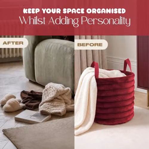 OHS Ribbed Faux Fur Storage Basket with Handles, Red/Pink, W/D/H: 26.0 x 26.0 x 30.0 cm – 4