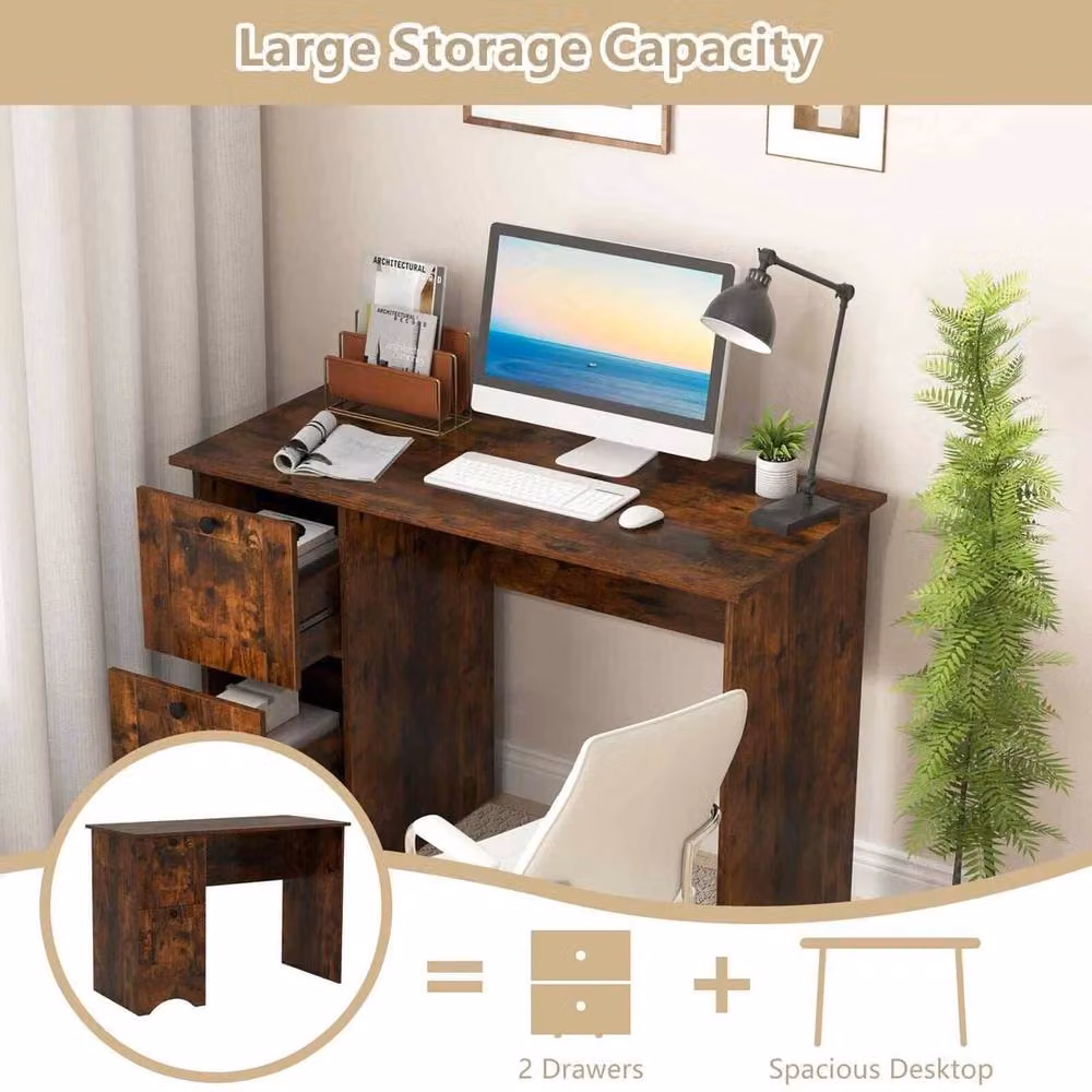 VOGREX Brown Home Office Computer Writing Desk with 2 Drawers – 3