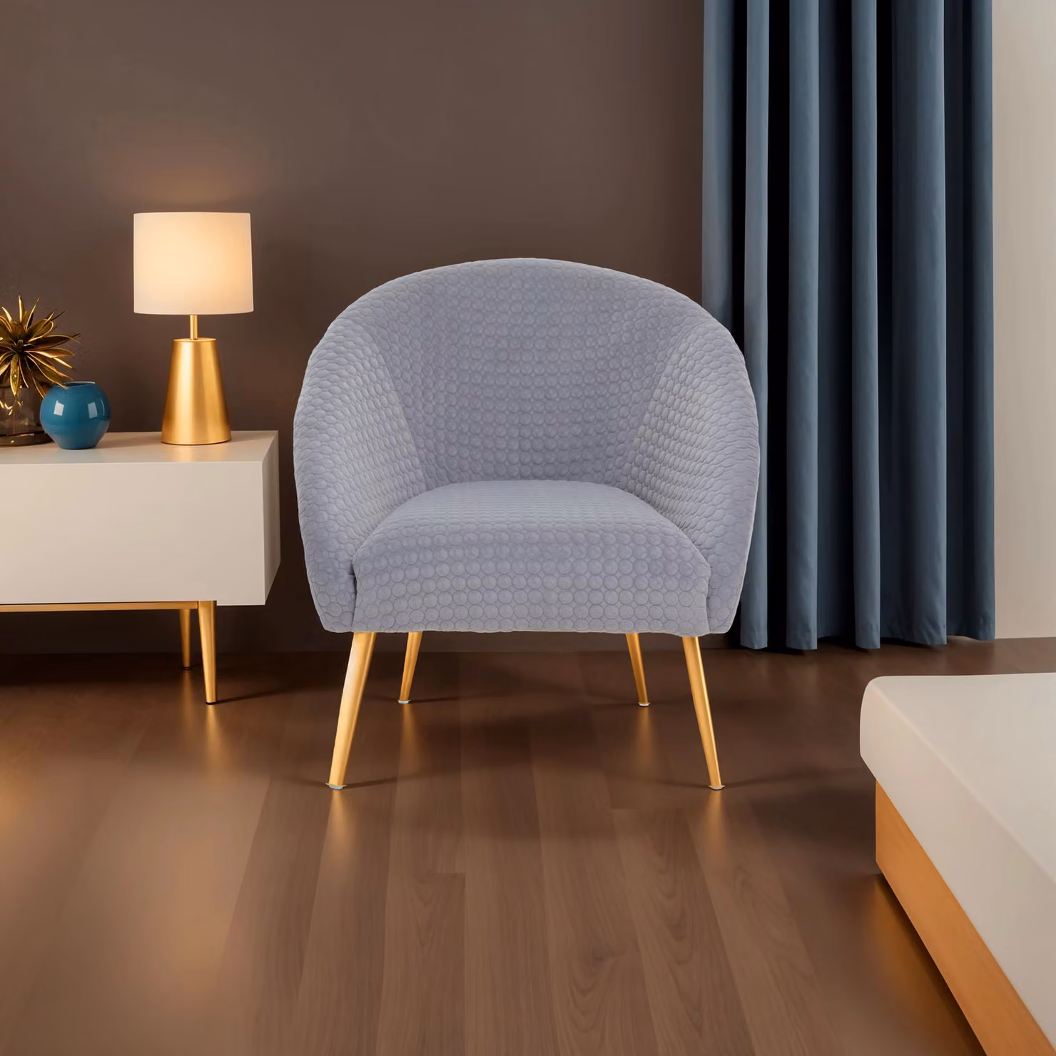 Orsina Mid-Century Grey Velvet Tub Occasional Chair with Gold Metal Accents – 3