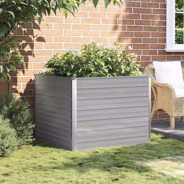 Berkfield Home Raised Garden Bed in Grey Galvanised Steel, W/D/H: 100 x 100 x 77 cm
