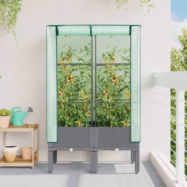Berkfield Home Raised Bed with Greenhouse Cover in Light Grey Rattan Look, W/D/H: 80 x 40 x 140 cm – 1