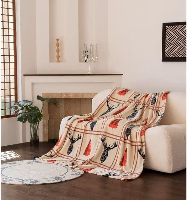 HomeSpace Direct Red and Beige Fluffy Teddy Fleece Throw