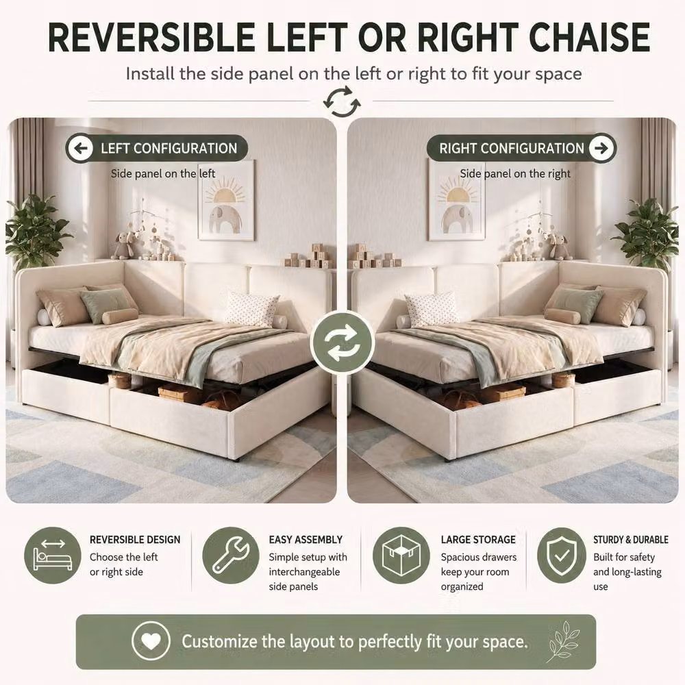 BTM Single Ottoman Daybed with Hydraulic Lift Storage, Beige Boucle Upholstered Chaise, W/D/H: 190 x 90 x 76.5 cm – 5