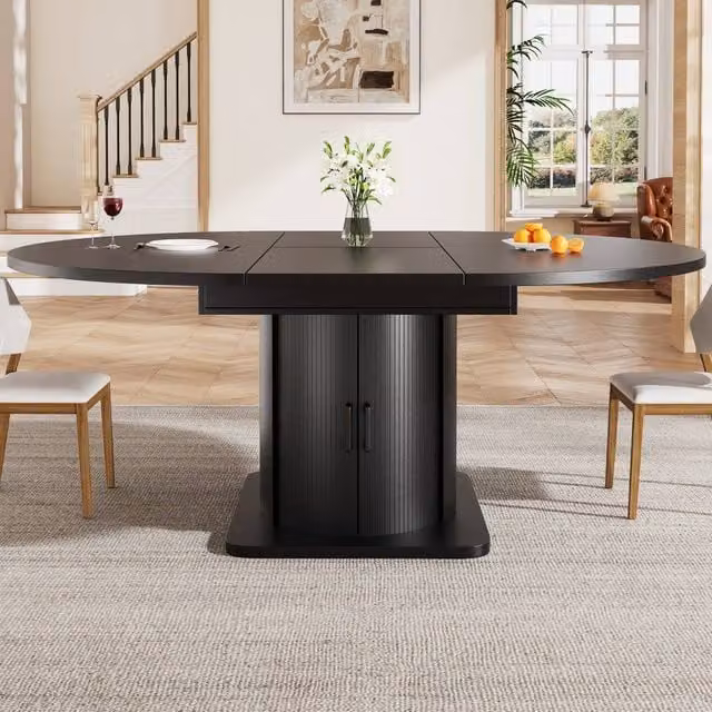 Merax Extendable Round to Oval Wooden Dining Table with Storage Drawer in Black