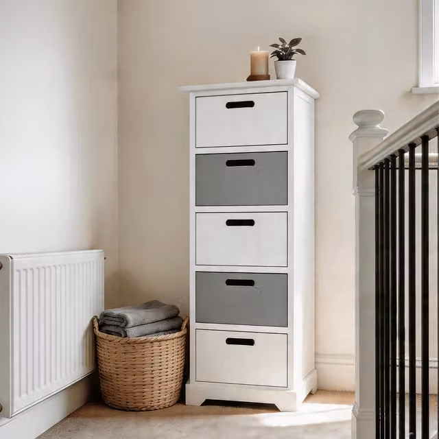 Home Source Ullswater 5 Drawer Chest Storage Unit in White and Grey