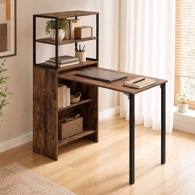 STILVORA Folding Desk with Four-Tier Shelf in Brown