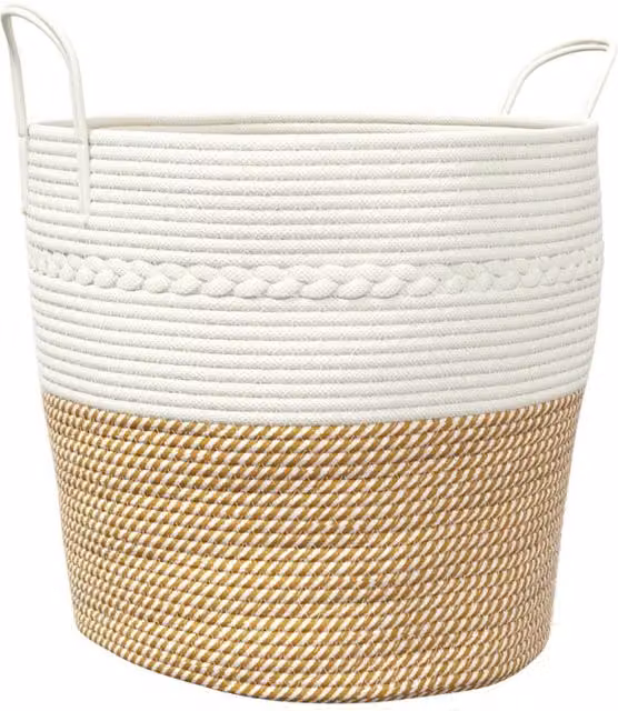 Berkfield Brown and White Cotton Open Weave Storage Basket with Handles W: 43 cm, D: 38 cm, H: 38 cm