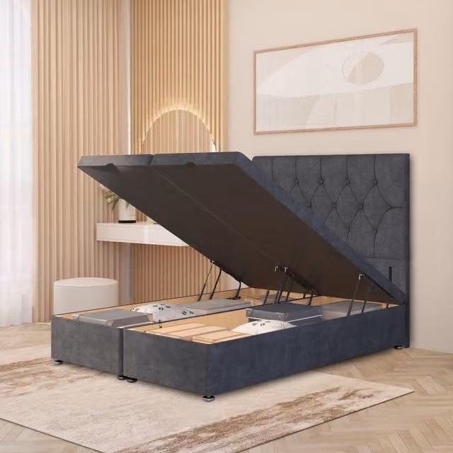 Somnior Beds Ltd Chesterfield Velvet Ottoman Divan Bed with Gas Lift and 54 inch Floor Standing Headboard, Anthracite Grey, W/D/H: 140 x 200 cm