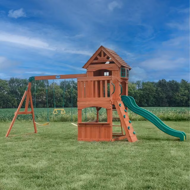 Backyard Discovery Atlantis Cedar Wooden Climbing Frame with Swings, Slide and Sandbox in Brown