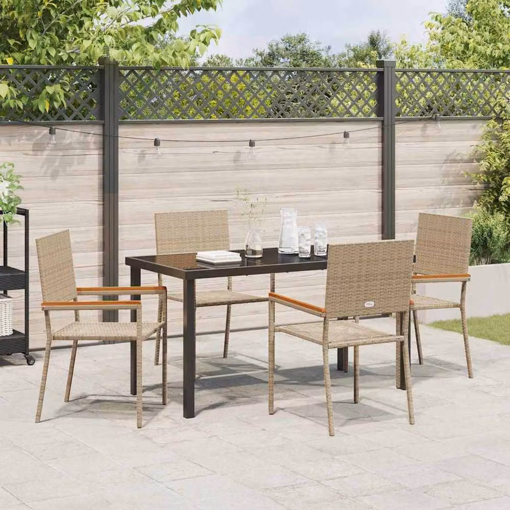Berkfield Home Garden 5 Piece Dining Set with Beige Cushions in Poly Rattan and Acacia Wood – 3
