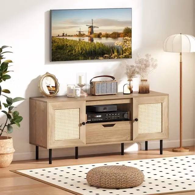 Costway Boho TV Stand Entertainment Center in Natural Brown and Beige with Rattan, Wood and Metal Details