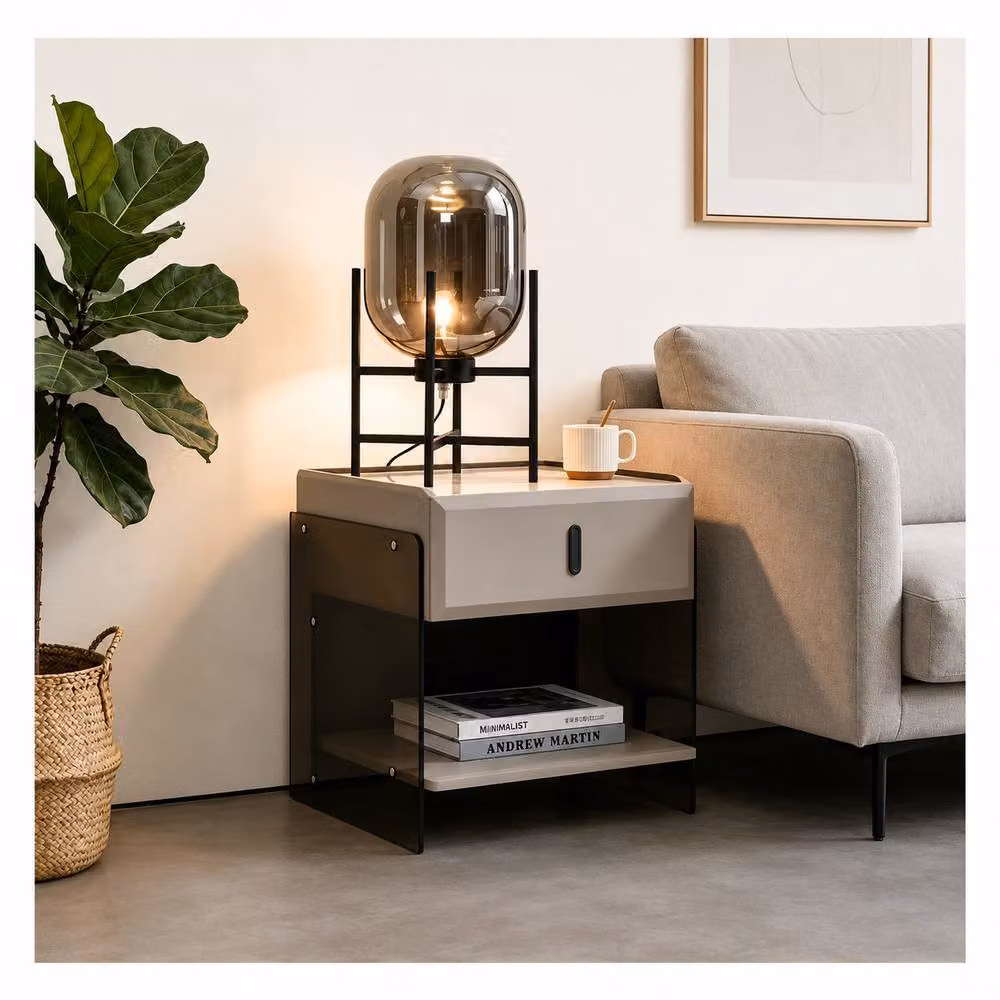 7seas Modern Bedside Table with Acrylic Side Panels in Beige, W: 48 cm, D: 39 cm, H: 46.5 cm – 3