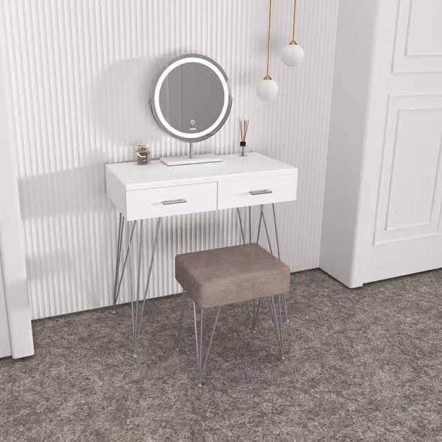 CARME HOME Olivia White Dressing Table and Stool Set with Touch Sensor LED Mirror