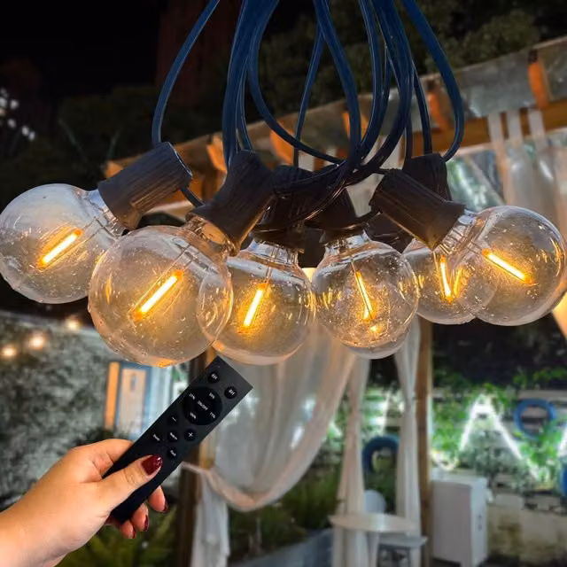 Ark Mat Outdoor Garden Festoon String Lights with Warm White Dimmable LED Bulbs, Remote Control and IP44 Waterproof Rating, Black, 15m – 1