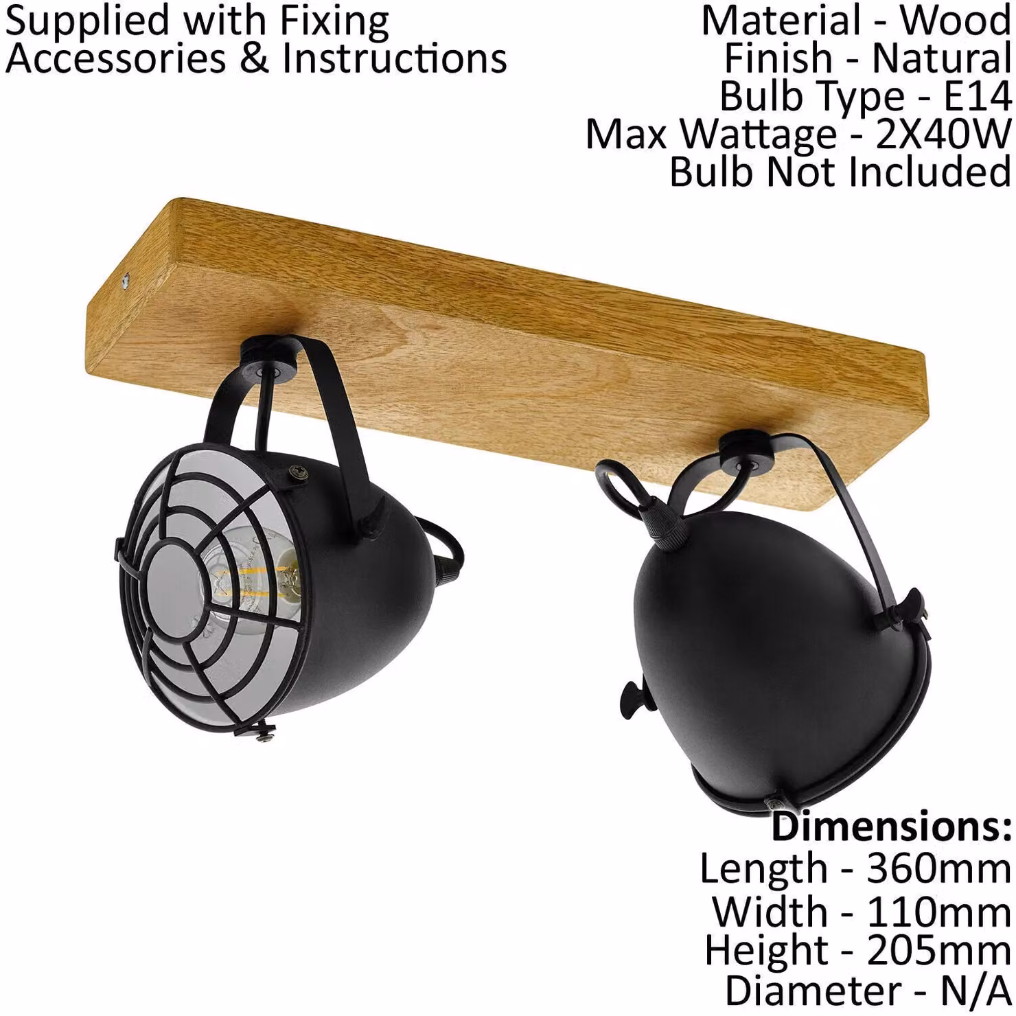 Loops Adjustable 2 Bulb Ceiling Spotlight with Wood and Black Dome Shades for Kitchens – 2