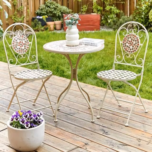 Wyld and Coco Set of 2 White Metal Folding Garden Chairs with Geometric Mosaic Backrest, H 94 cm x W 44 cm x D 40 cm
