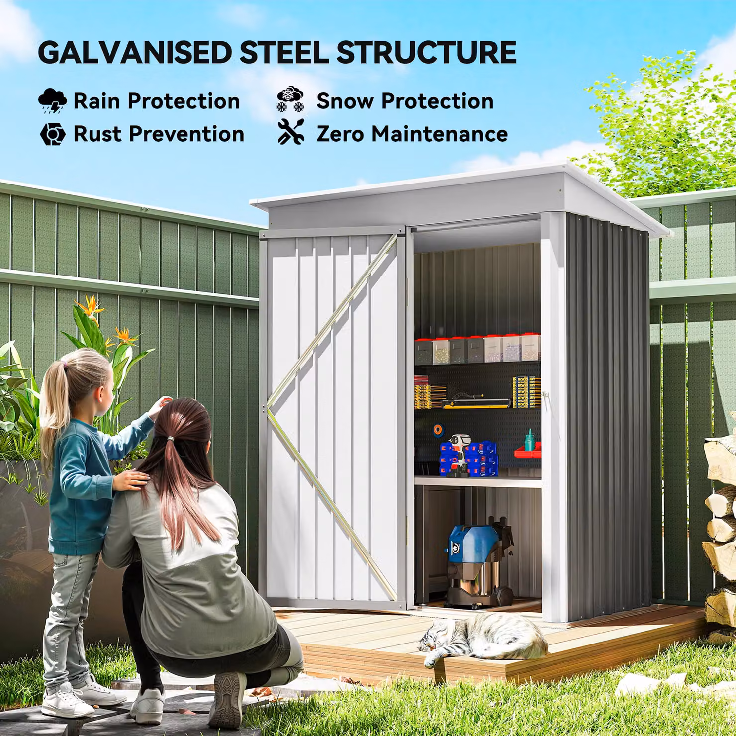 Outsunny Grey Metal Lean-to Garden Storage Shed with Lockable Single Door and Shelving – 4