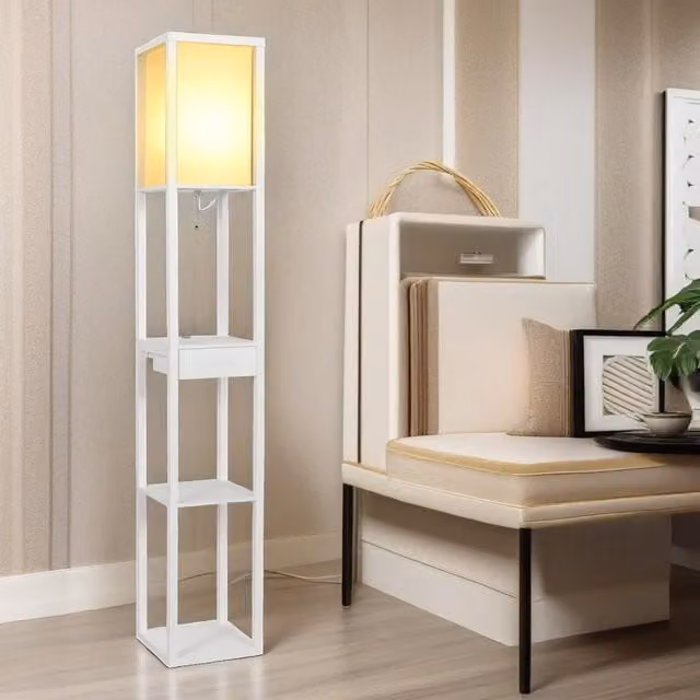 Rafaelo Mobilia Modern White Floor Lamp with 3 Shelves and USB Ports