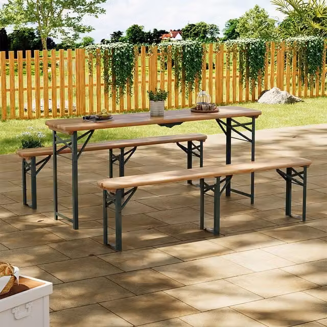 Livingandhome Outdoor Wooden Foldable Table and Bench Set in Brown, W: 177 cm