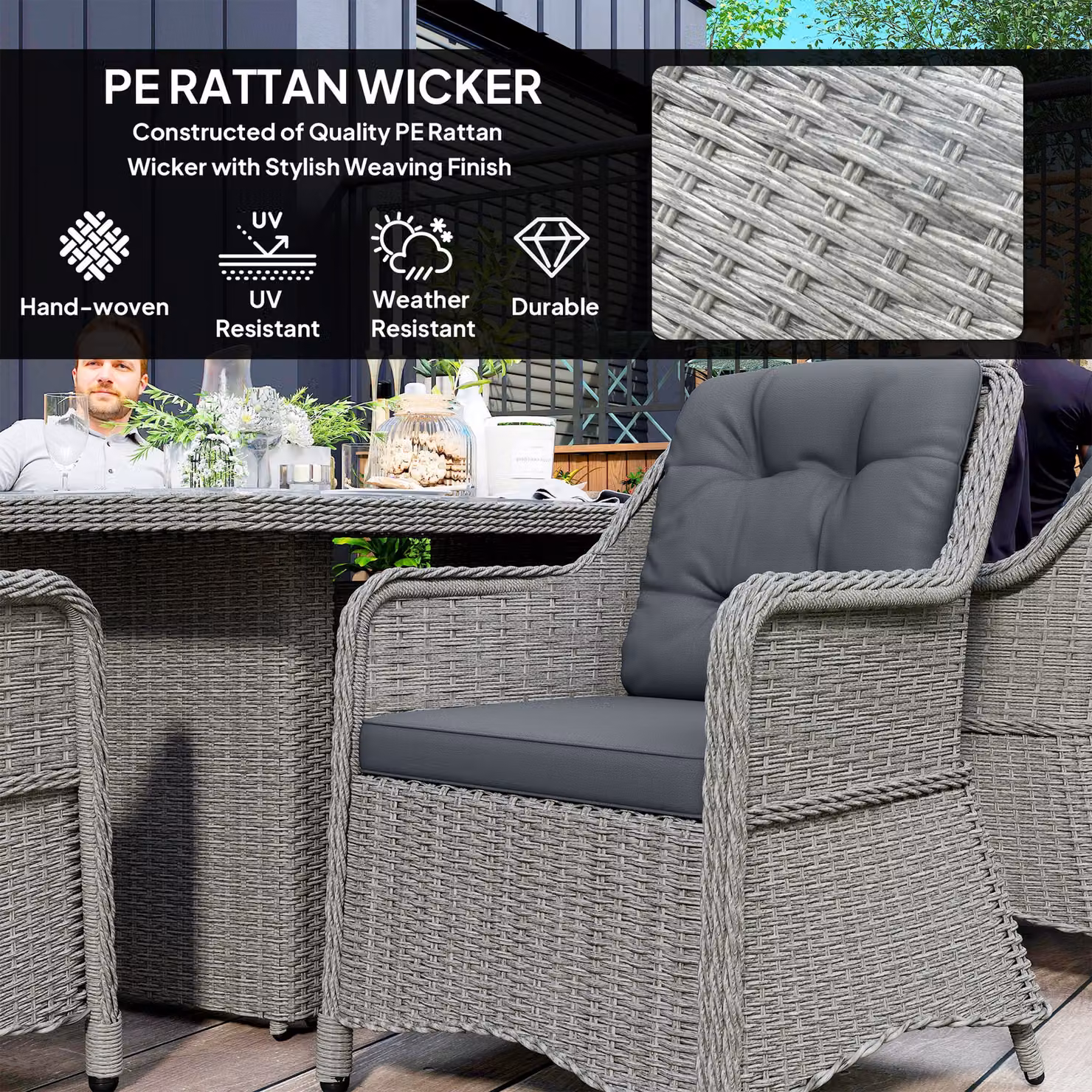 Outsunny 6 Seater Grey Rattan Garden Dining Set with Round Aluminium Table and Seat and Back Cushions – 4