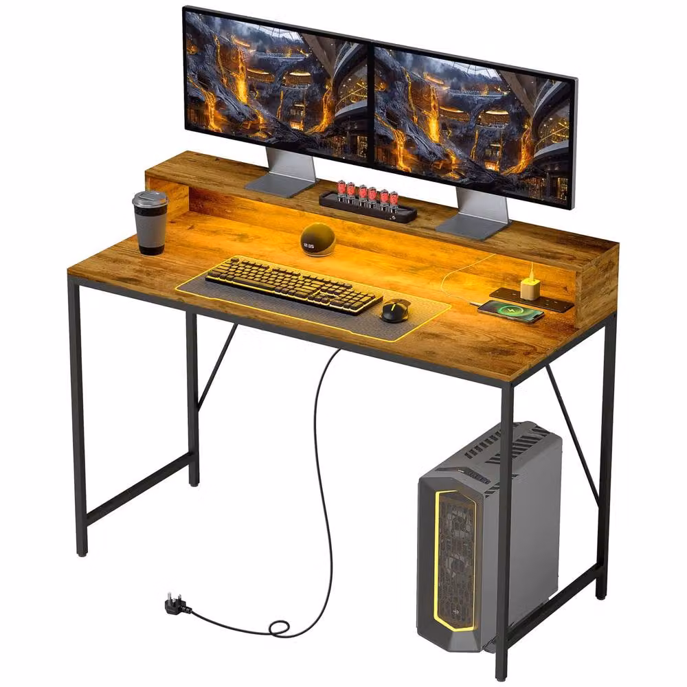 FURNOS Industrial Computer Desk with USB Outlets and LED Lights, Brown, W: 120 cm, H: 76.5 cm, D: 50 cm – 4