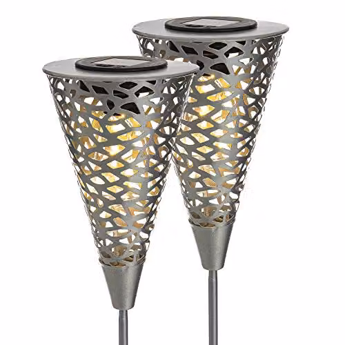 LIVIVO 2pc LED Solar Garden Stake Lights in Silver with Warm White Light and Dusk Sensor – 4