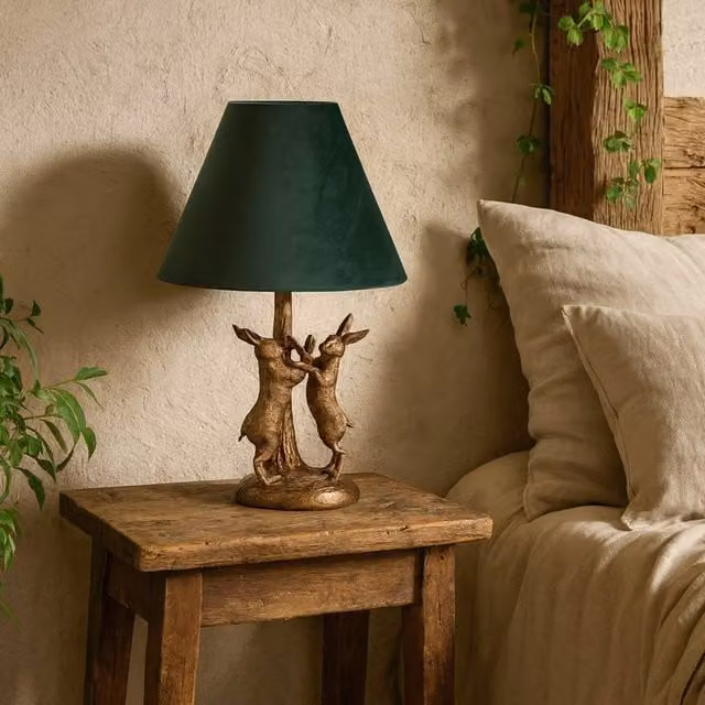 Wyld Haus Sault Antique Gold Marching Hares Table Lamp with Green Velvet Shade