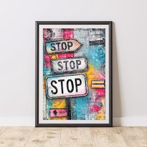 60 Second Makeover Urban Street Art Stop Signs Graffiti Print Paper Poster, Multicolour, A3
