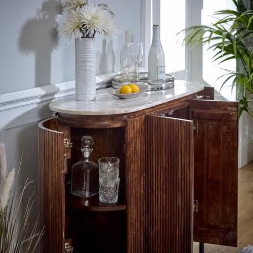 Indian Hub Opal Sideboard and Drinks Cabinet with Marble Top and Metal Legs in Brown, W: 100 cm, D: 40 cm, H: 90 cm – 3