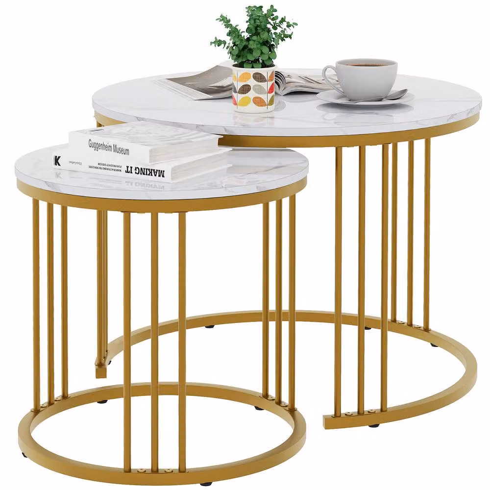 Huhote Set of 2 Round Nesting Side Tables with Gold Metal Frame and Marble Finish Top – 2