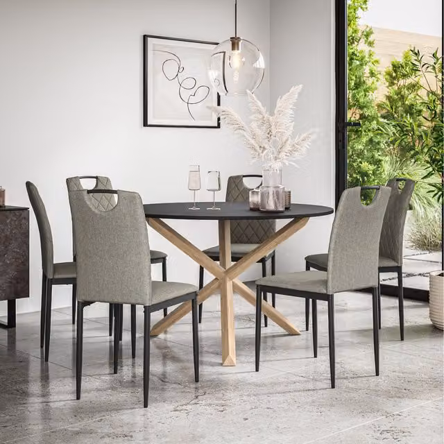 More4Homes Malvern Round Black Dining Table Set with Solid Oak Legs and 6 Grey Monza Linen Chairs, Diameter: 120 cm, Height: 75 cm