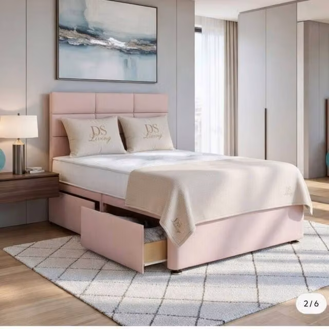 DS Living Opal Upholstered Fabric Drawer Storage Bed Frame in Pink, W/D/H: 200 x 200 cm