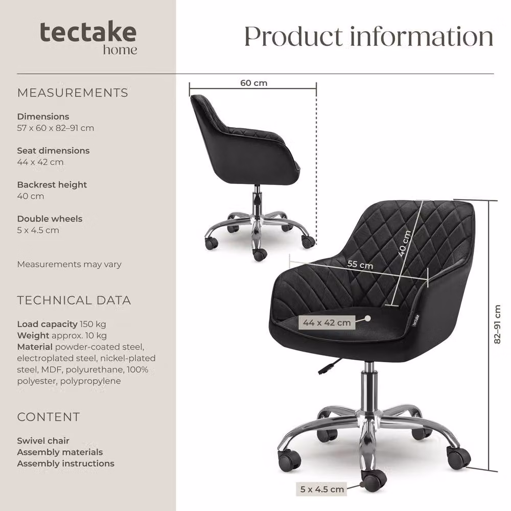Tectake Nancy Modern Swivel Task Chair with Velvet Upholstery and Castors, Black – 6