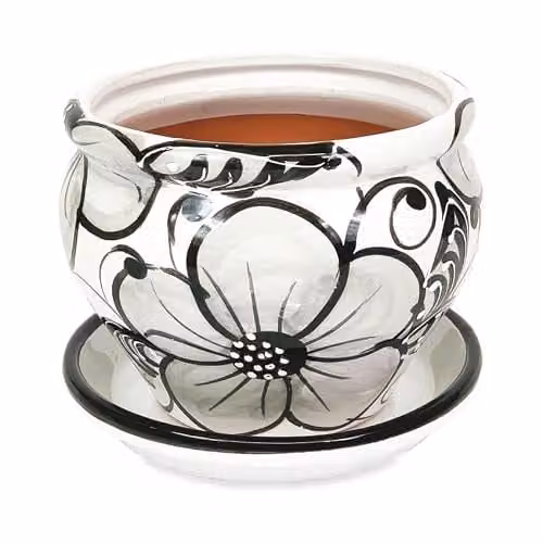 Verano Spanish Ceramics Grey and White Hand Painted Terracotta Bola Pot with Drainage Plate, Diameter: 25 cm – 3