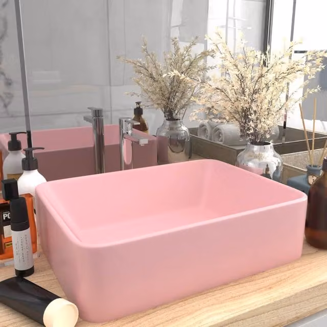 Berkfield Home Luxury Rectangular Ceramic Wash Basin in Matt Pink, W: 41 cm, D: 30 cm, H: 12 cm