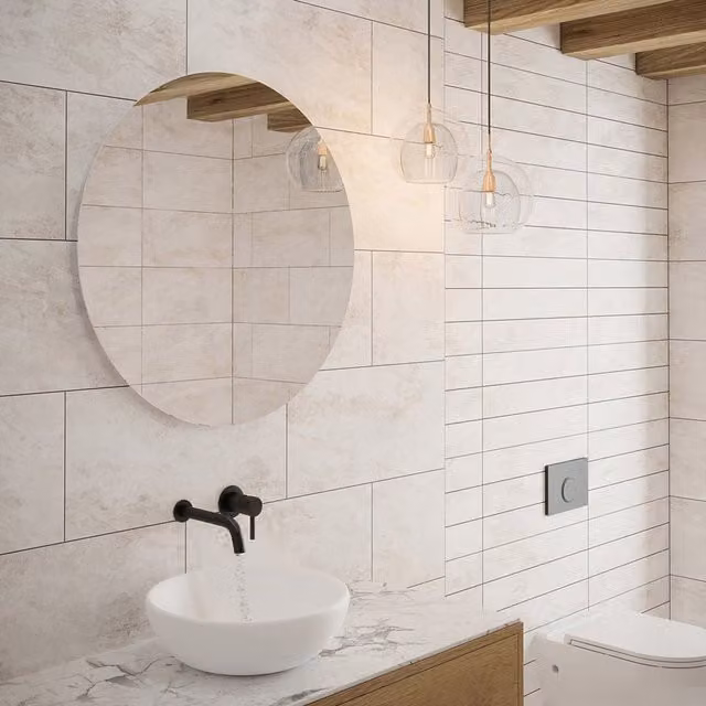 Johnson Tiles Arlo Satin Rectified Stone Look Ceramic Wall Tile Sample - Shale Beige